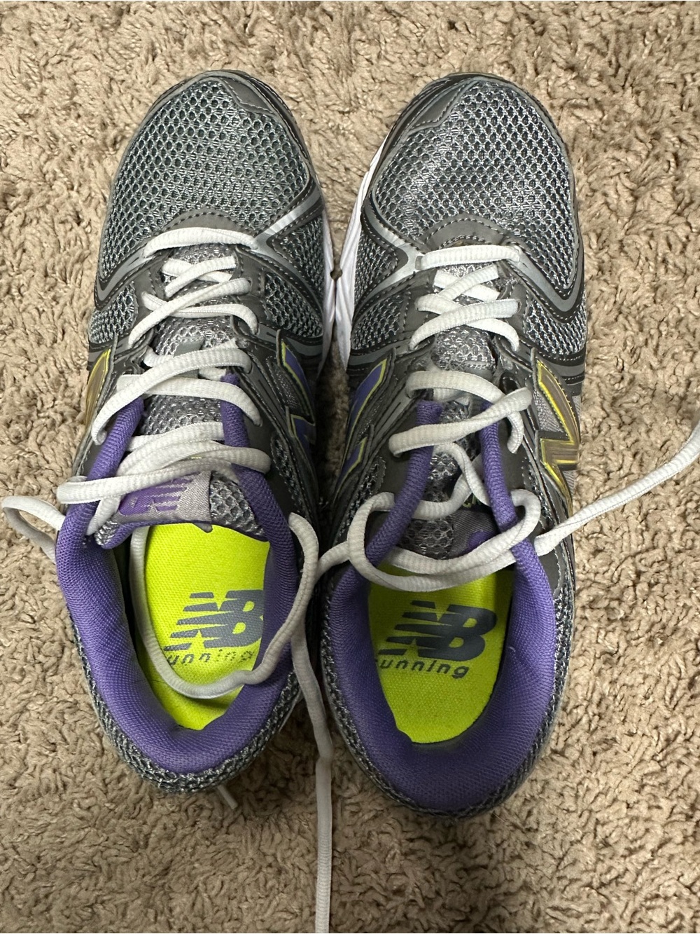 New Balance Gray Mesh Athletic Sneakers with Purple Trim and Neon Yellow Insoles